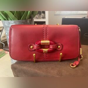 Jimmy Choo Scarlet Red Leather Wallet With Red & Gold Stone Accent